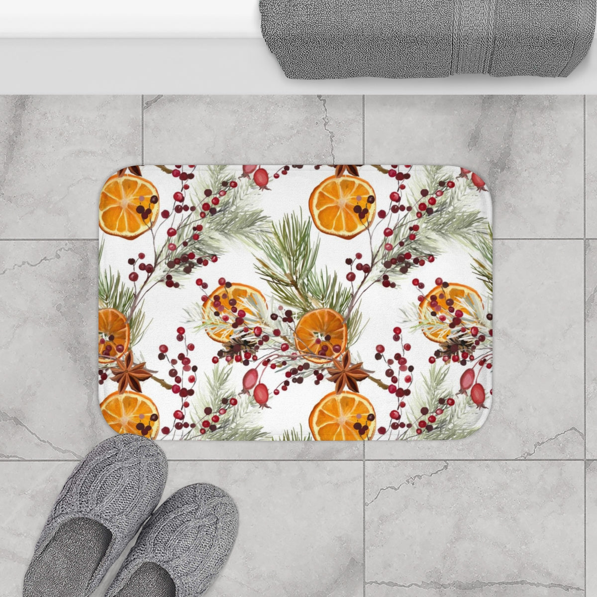 Christmas Bath Mat | White Orange Citrus Mistletoe