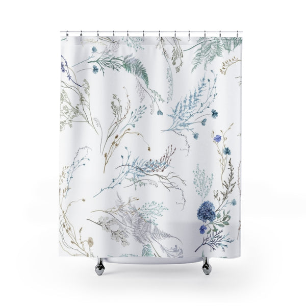 Boho Shower Curtain | White Lavender Green Floral | Wild Flowers