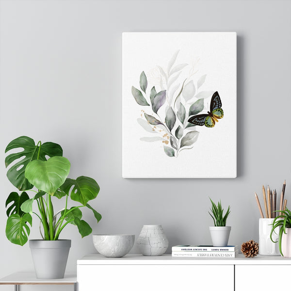 FLORAL CANVAS ART | White Grey Leaves Butterfly