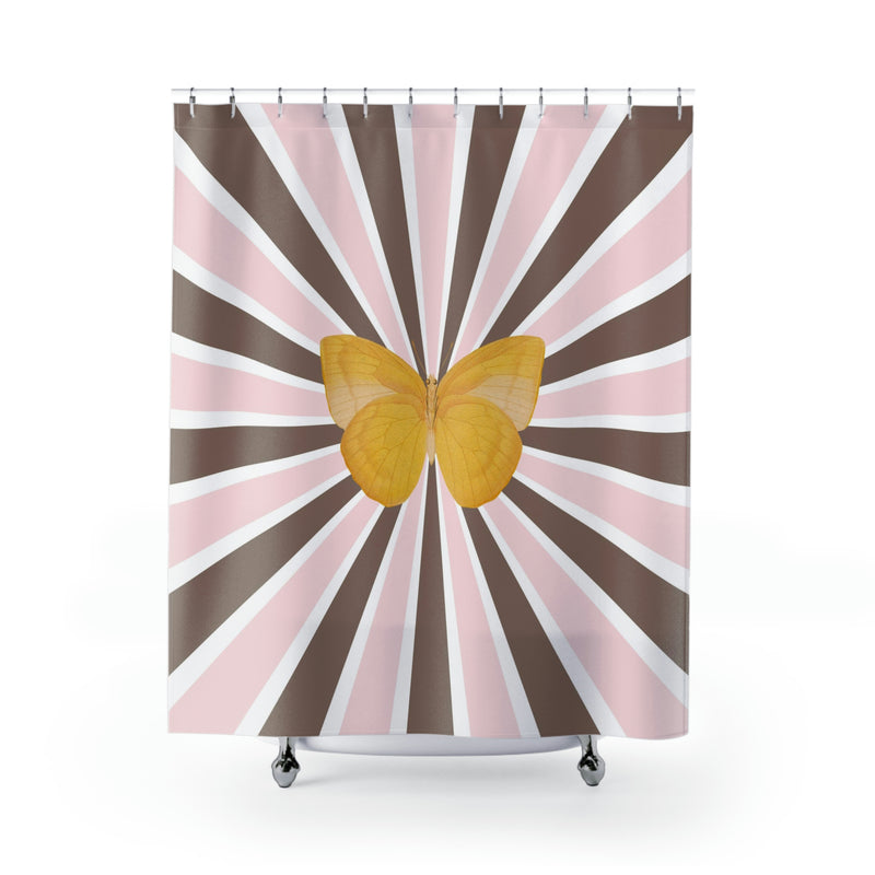 Mid Century Shower Curtain | Blush Pink, Taupe Brown, Yellow Butterfly