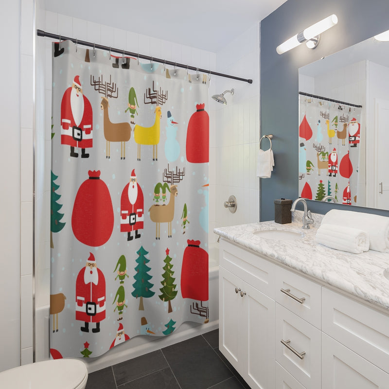 Christmas Shower Curtain | Gray Santa Reindeer Christmas Tree