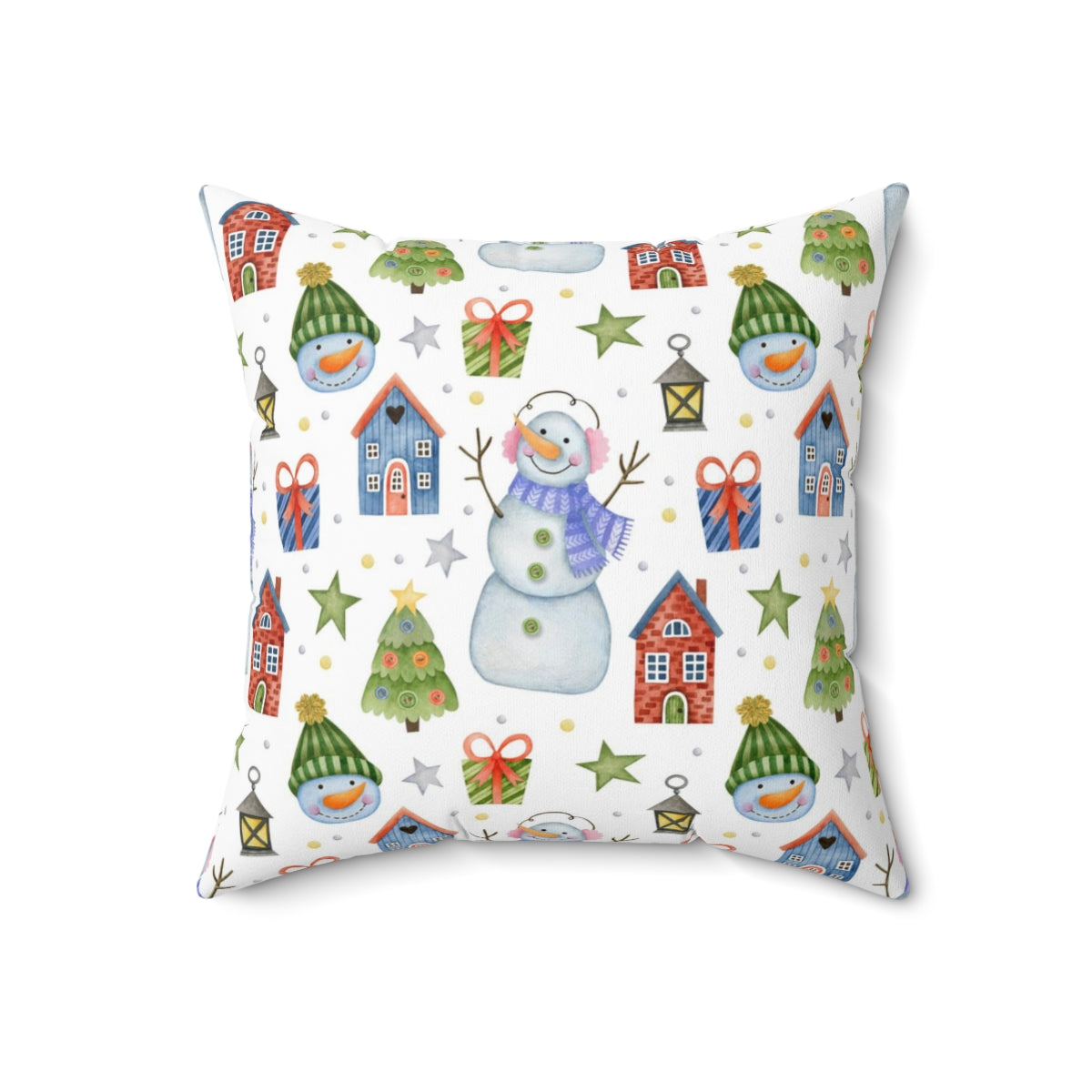 Christmas Square Pillow Cover | White Blue Snowman Festive Trees