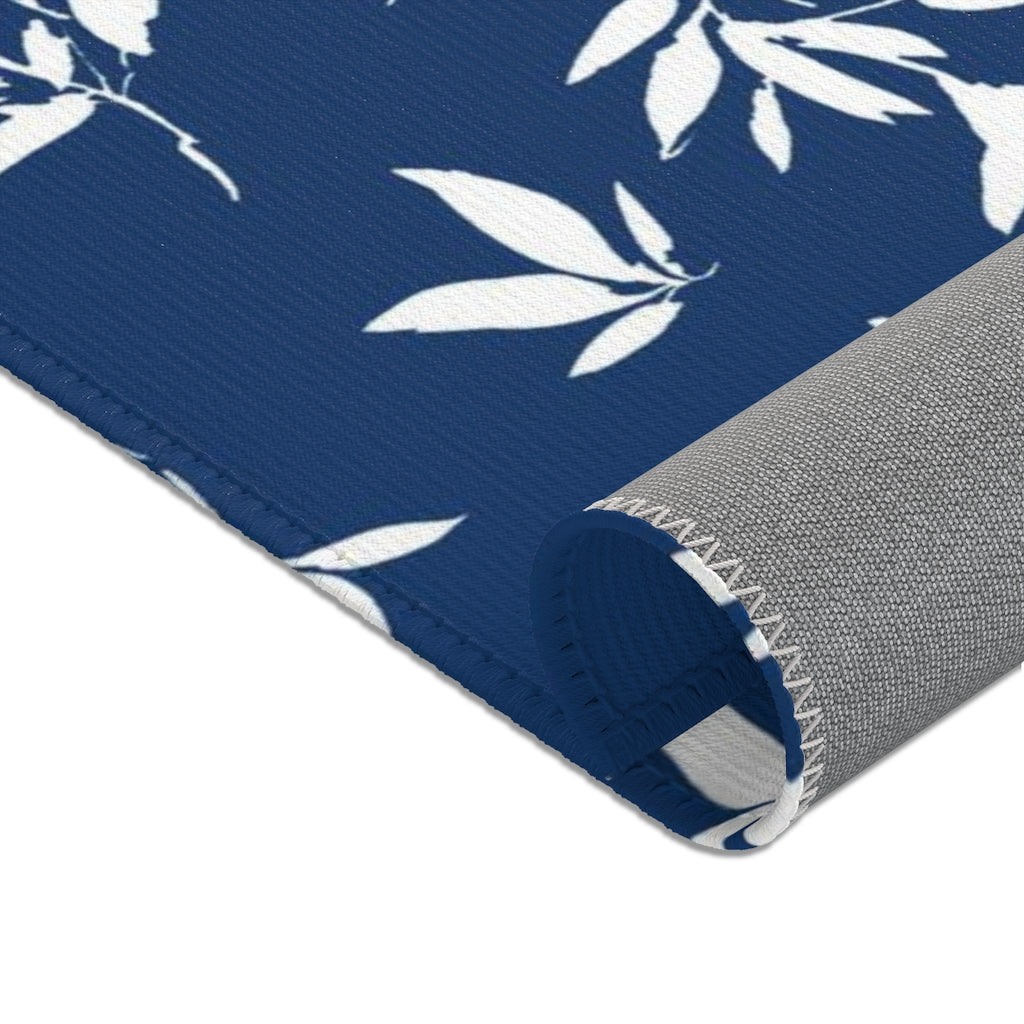 Boho Area Rug | Navy White Leaves