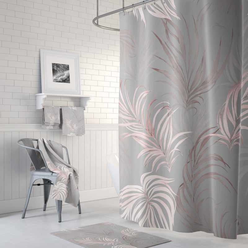 Floral Shower Curtain | Gray Blush Pink Wild Palm Leaves