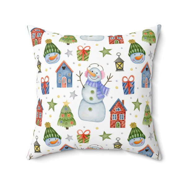 Christmas Square Pillow Cover | White Blue Snowman Festive Trees