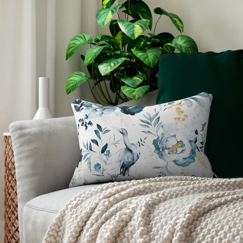 Floral Lumbar Pillow | Blue White, Bird