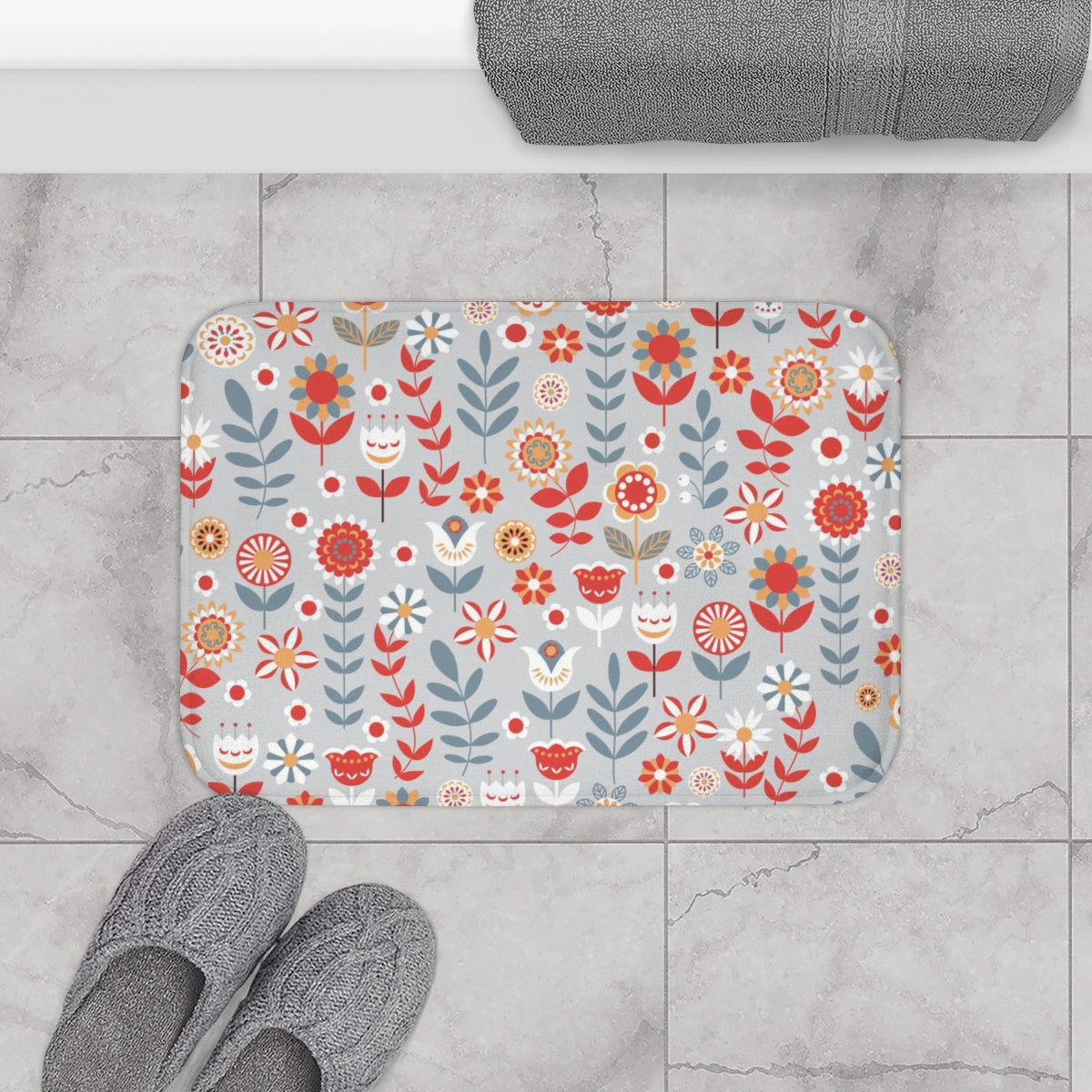 Christmas Bath Mat | Gray Orange Red Folk Flowers