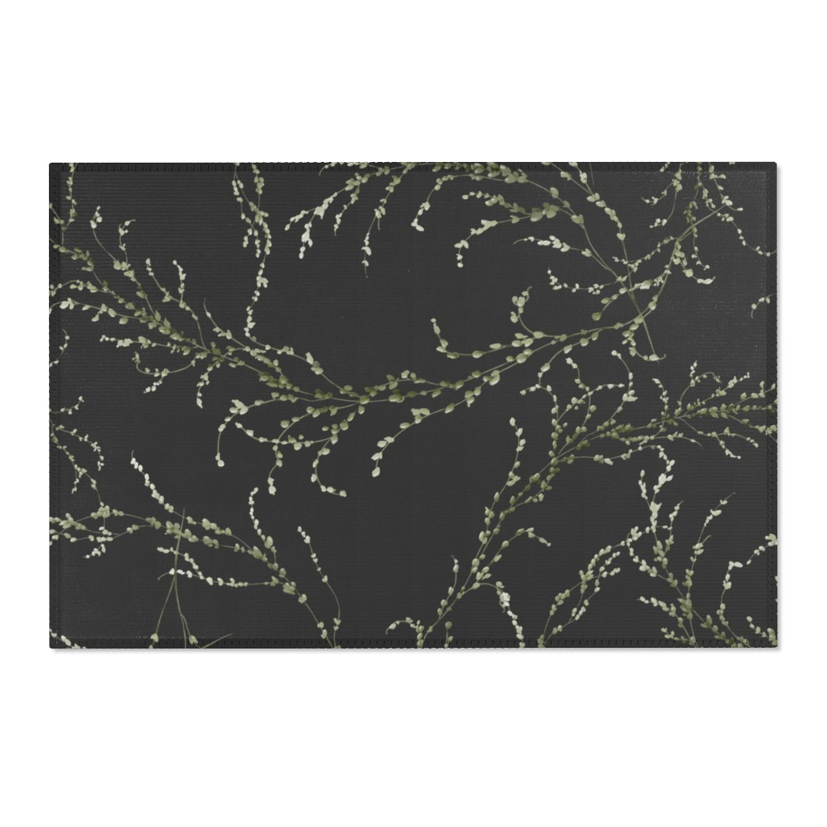 Floral Area Rug | Black Green Delicate Leaves