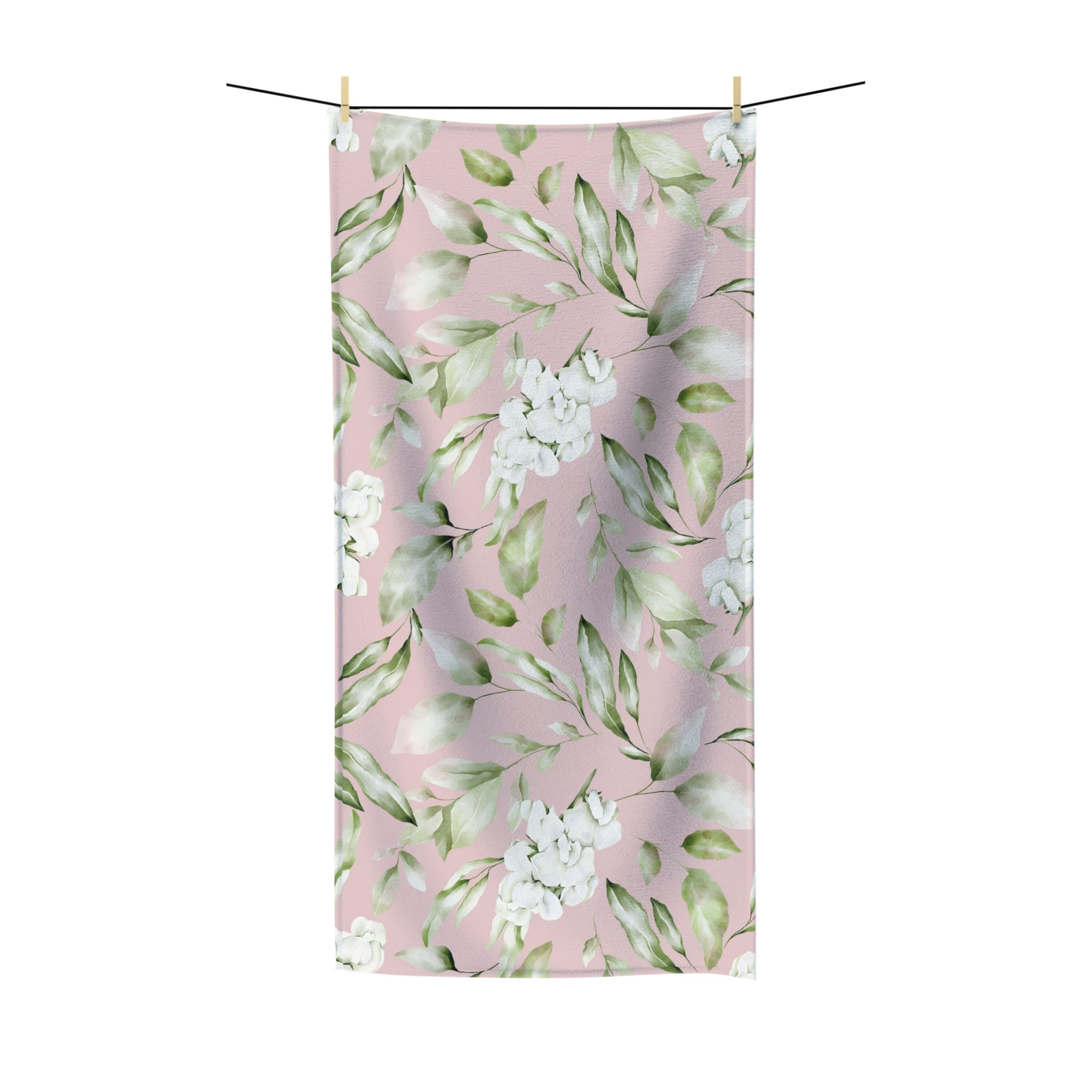 Boho Bath Towel | Floral Blush Pink, Sage Green Leaves