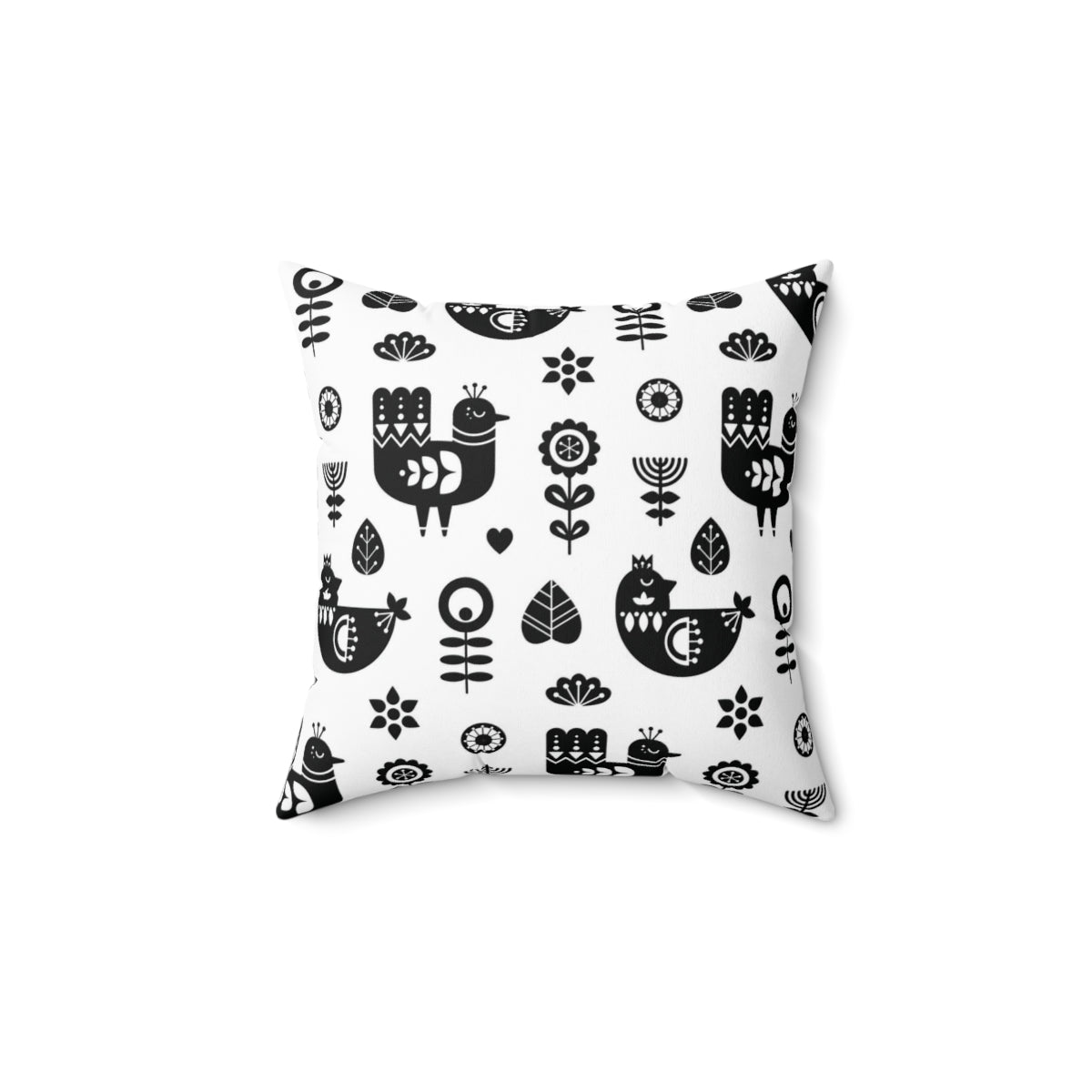 Scandi Nordic Boho Square Pillow Cover | Black White Bird Floral