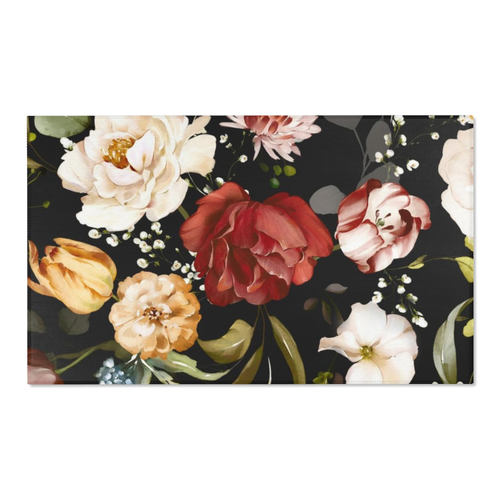 Floral Area Rug | Red Black Flowers