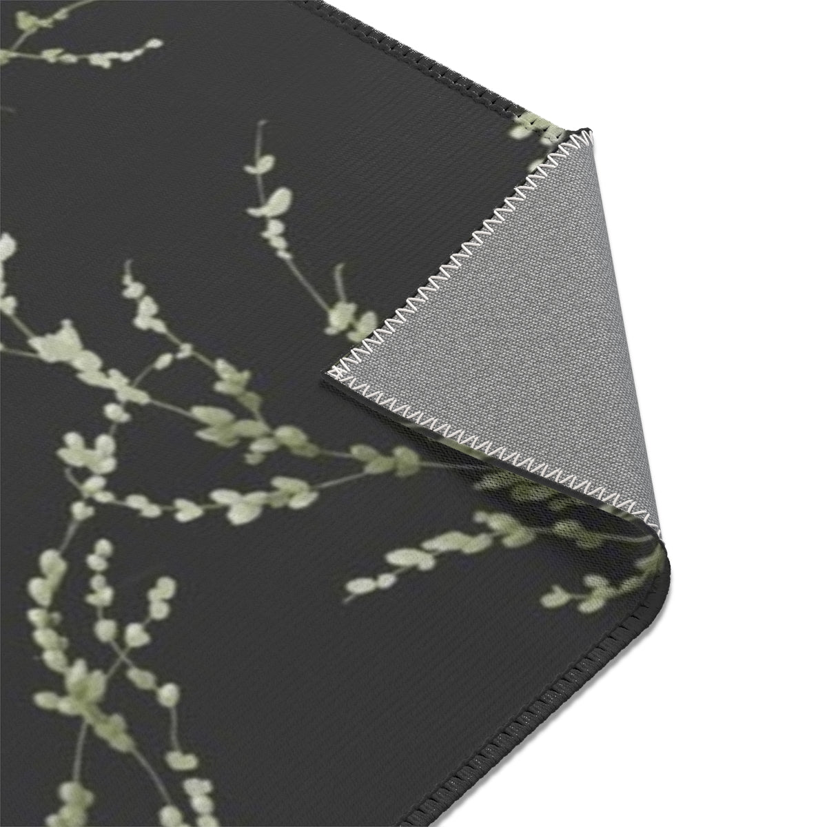 Floral Area Rug | Black Green Delicate Leaves