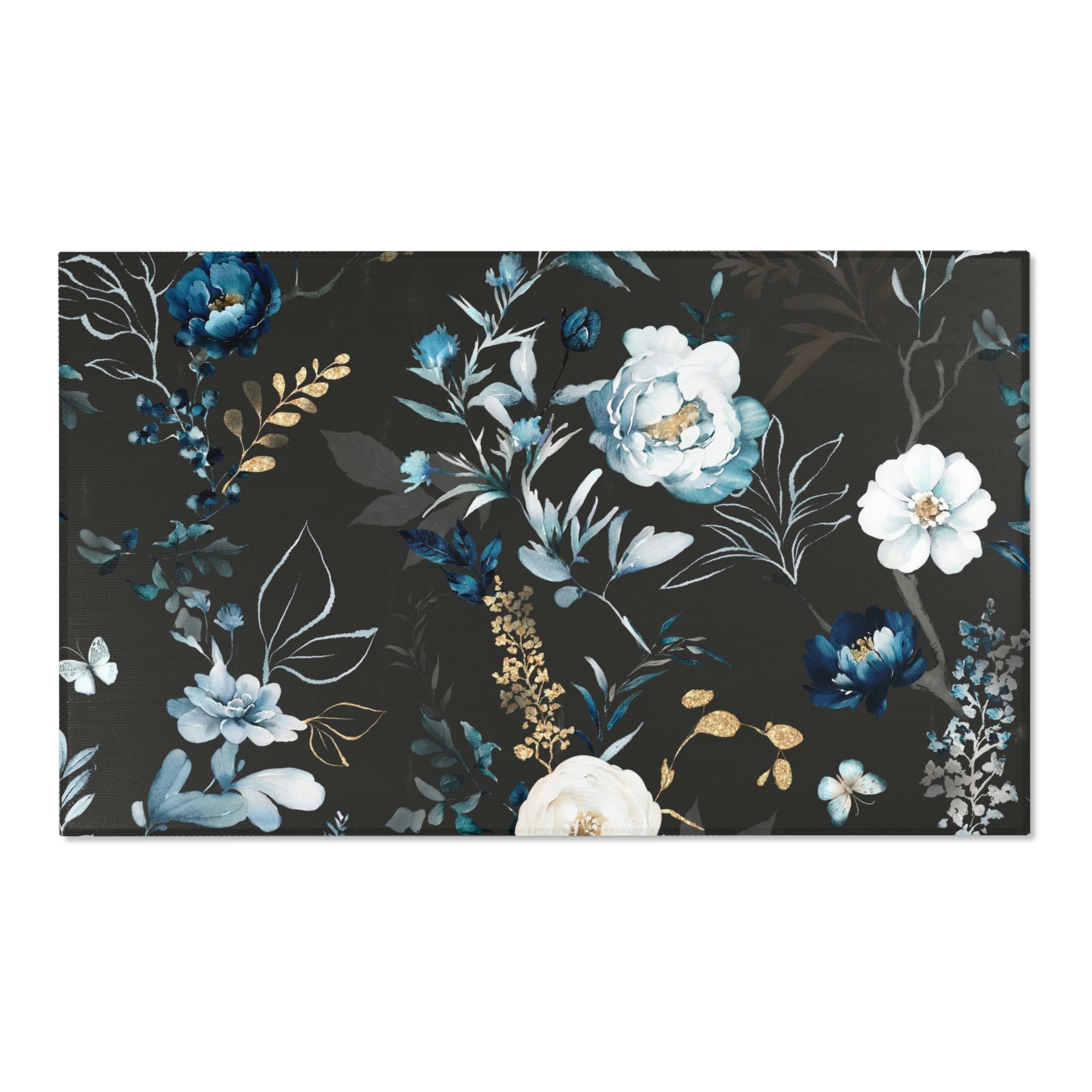 Peonies Floral Area Rug | Black Blue White