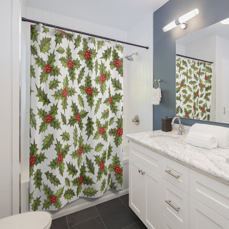 Christmas Shower Curtain | White Green Red Mistletoe