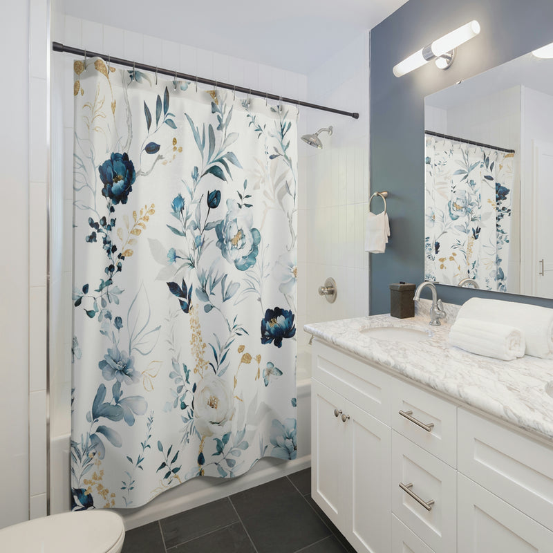 boho shower curtain | White Blue Beige Floral