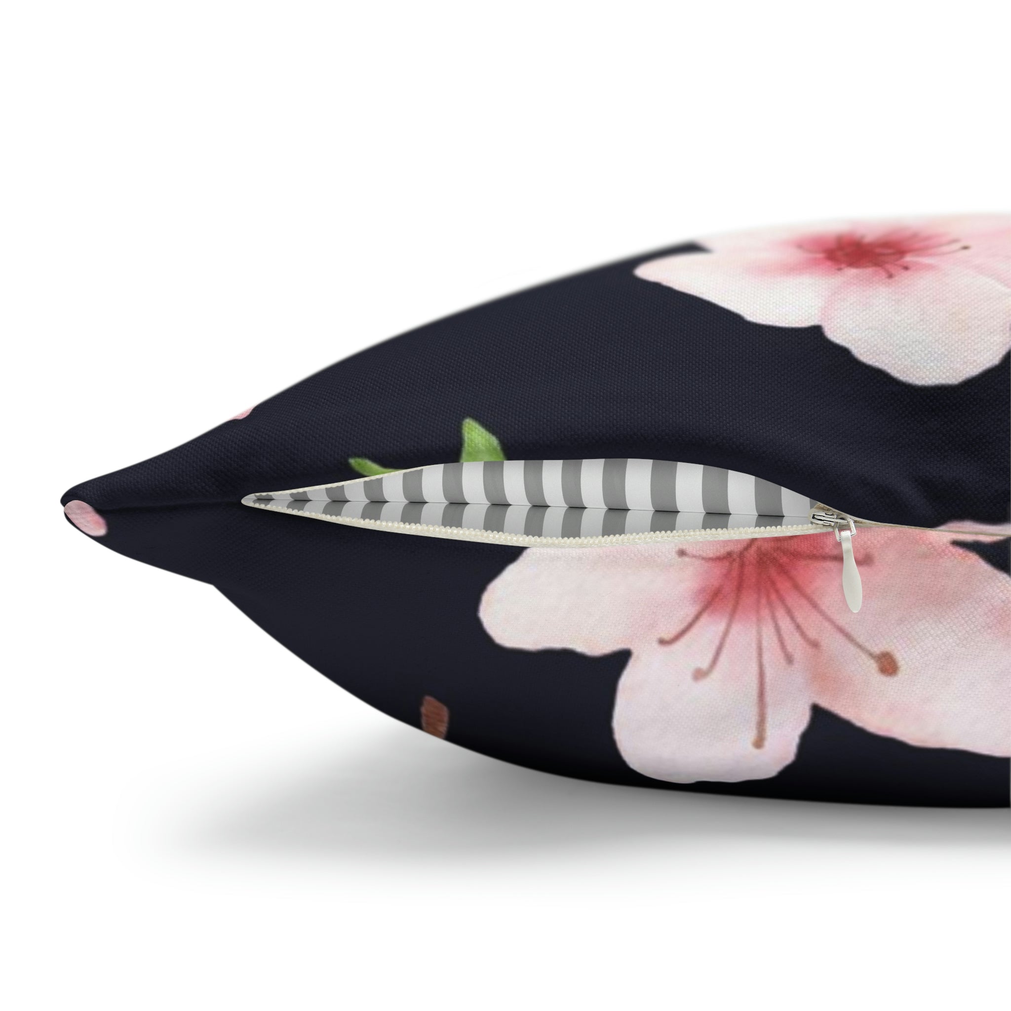 Floral Boho Pillow Cover | Pink Sakura, Green Bird, Black