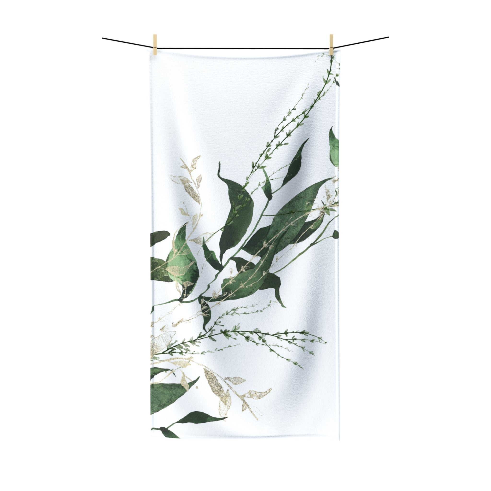 Floral Boho Bath Beach Towel | White Forest Green Leaves