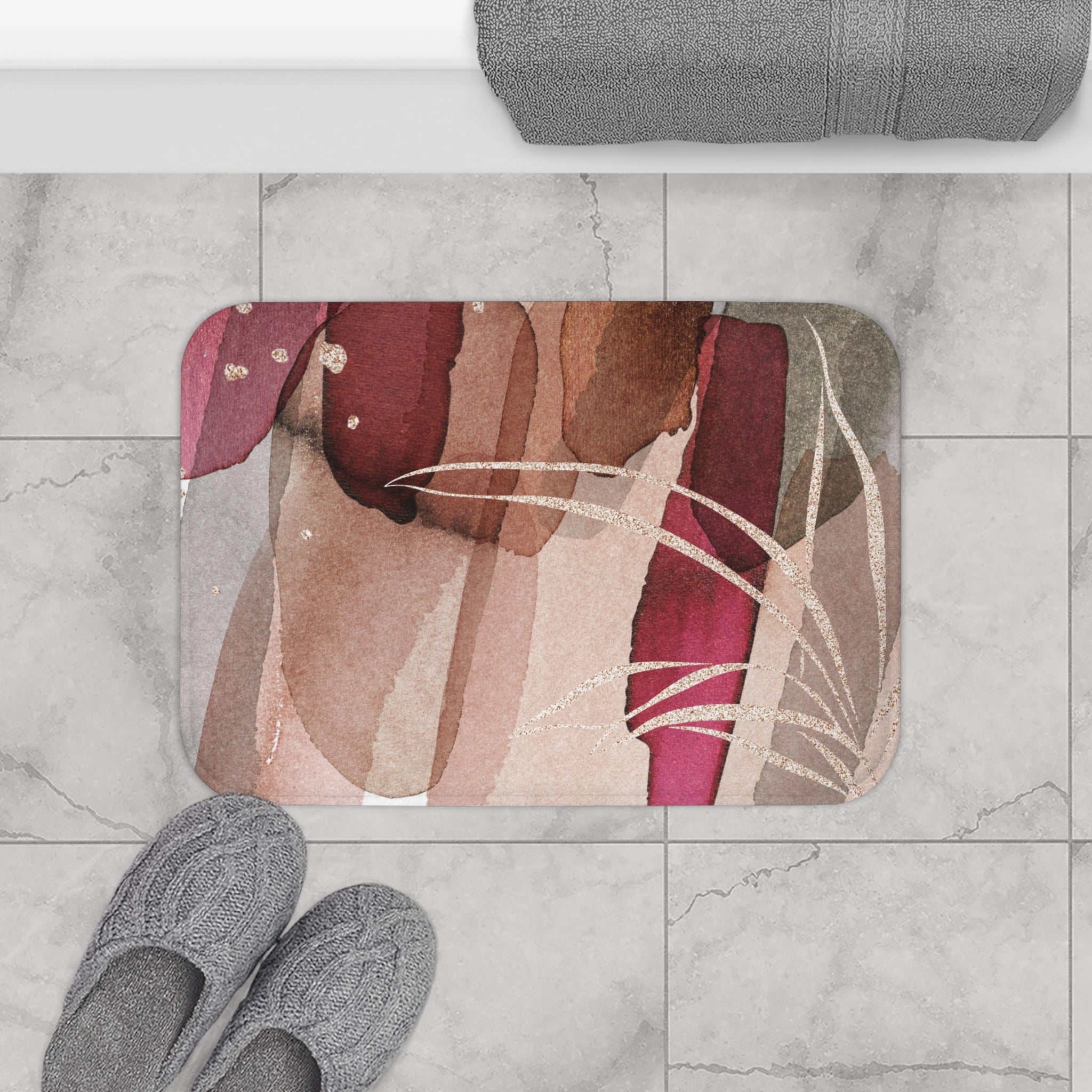 Boho Bath, Kitchen Mat, Rug | Abstract Pink Rust Neutral Earthy