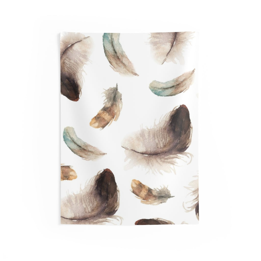 Bohemian Tapestry | Brown Teal Beige White Feathers