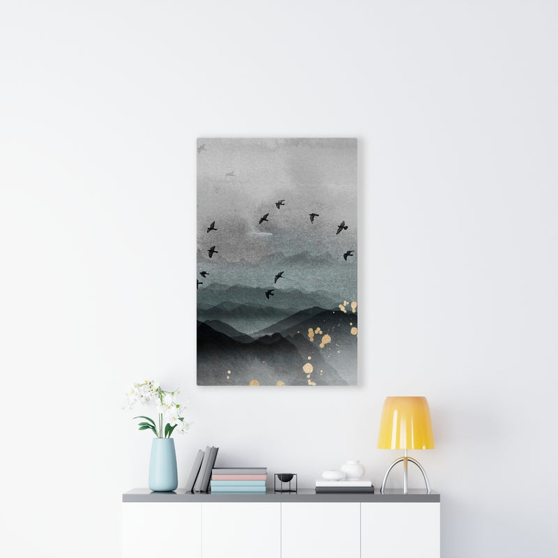 WHIMSICAL WALL CANVAS ART | Grey Blue Ombre Gold Birds
