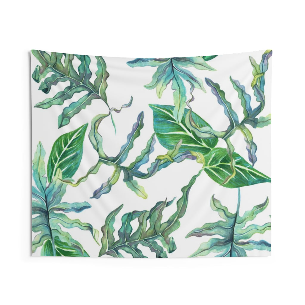 Floral Tapestry | White Green Tropical Leaves