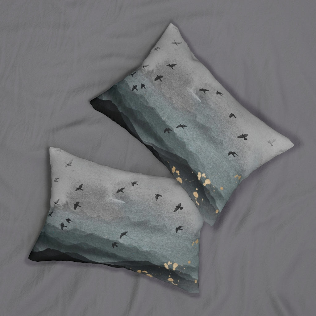 Abstract Boho Lumbar Pillow | Grey Indigo Blue Ombre Birds