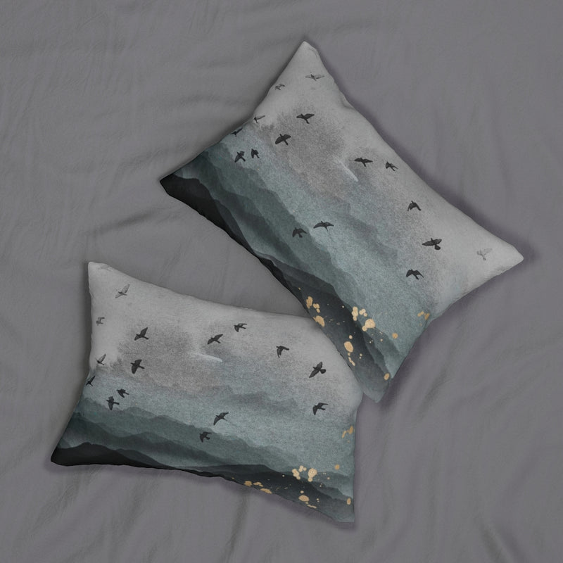 Abstract Boho Lumbar Pillow | Grey Indigo Blue Ombre Birds