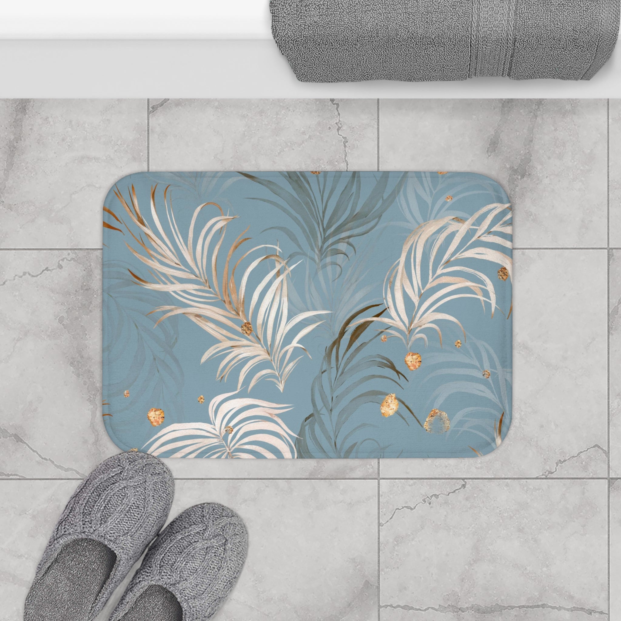 Floral Bath, Kitchen Mats, Rugs | Blue Beige, Ivory Palm Leaves