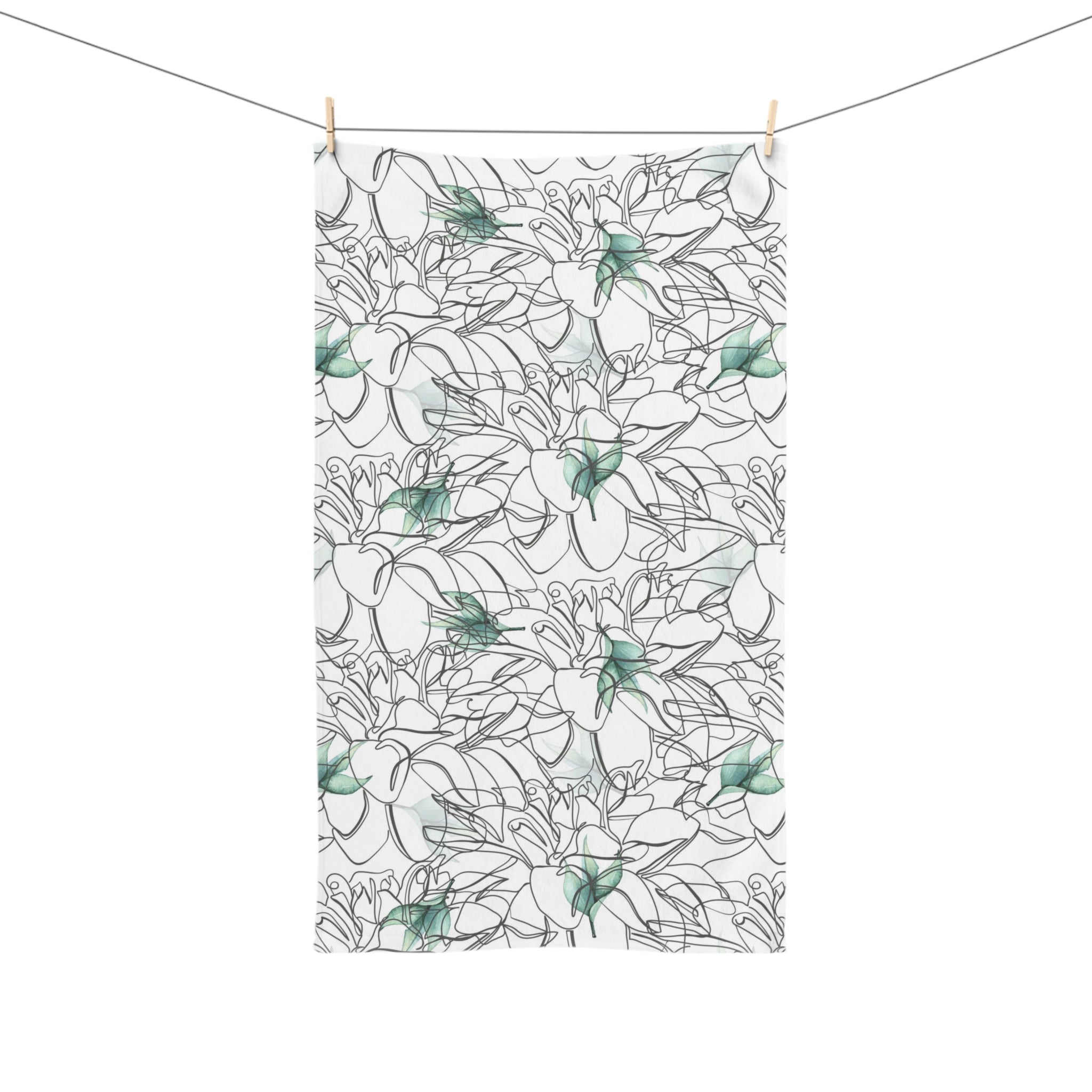 Floral Boho Kitchen, Bath Hand Towel | Black Gray White, Line Art, Green