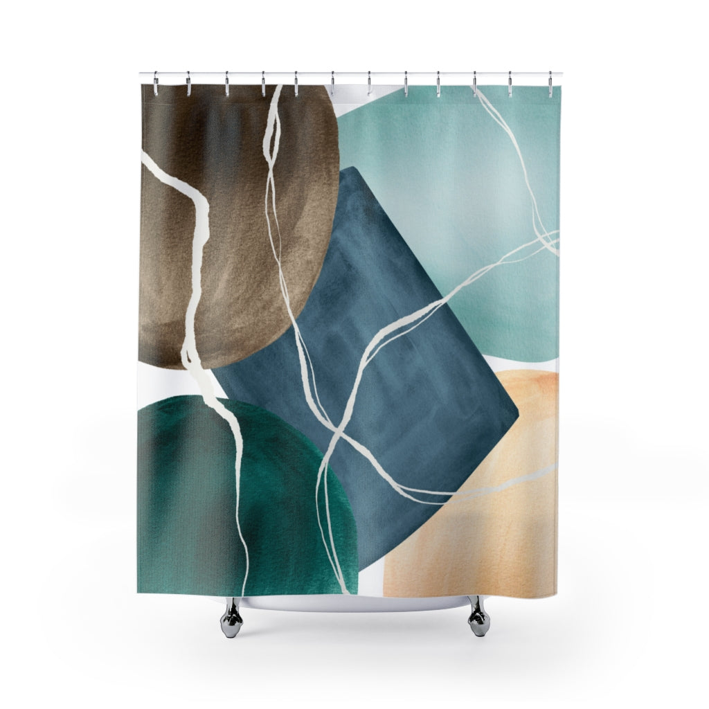 Abstract Shower Curtain Geometric Navy Blue Brown Beige Forest