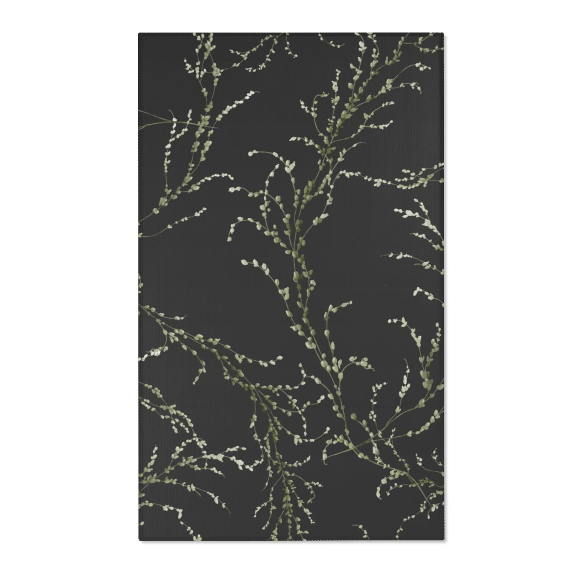 Floral Area Rug | Black Green Delicate Leaves