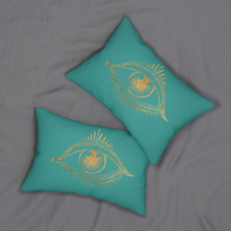 Mystical Boho Lumbar Pillow | Teal Gold All Seeing Eye