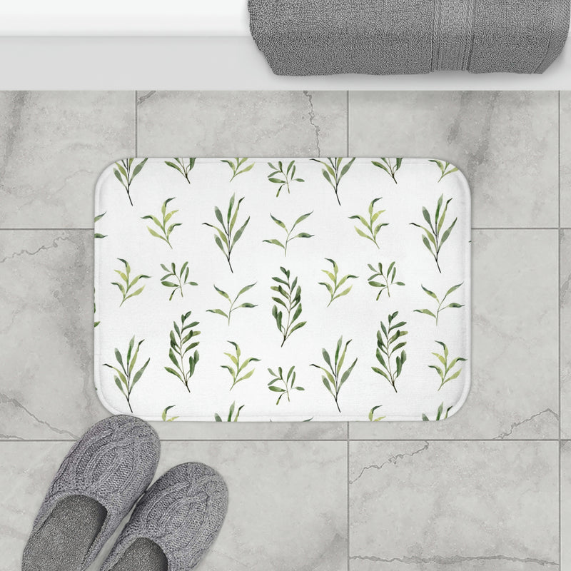 Floral Bath, Kitchen Mats, Rugs | Sage Green Leaves, White