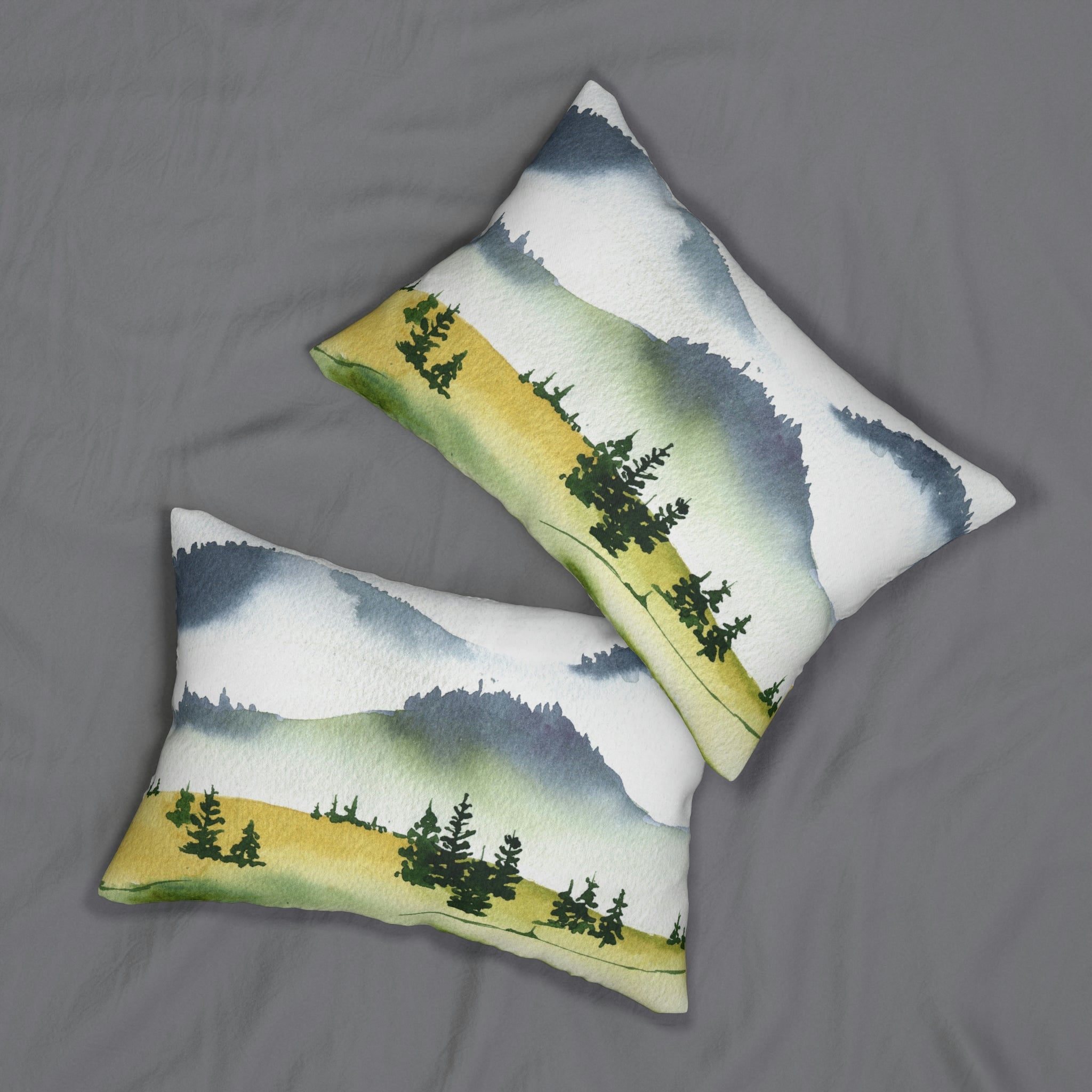 Sage Green Trees Lumbar Pillow | Nature, Navy Mountains Watercolor