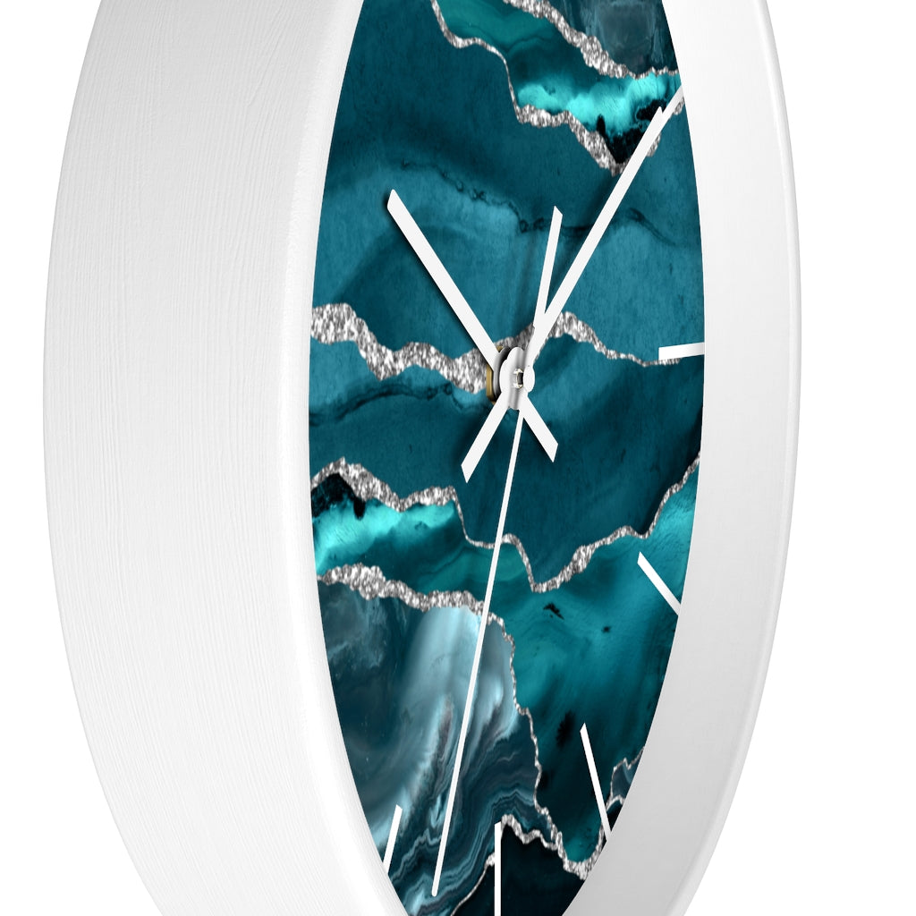 Marble Print, Wood,  Wall Clock, Teal Silver 10"