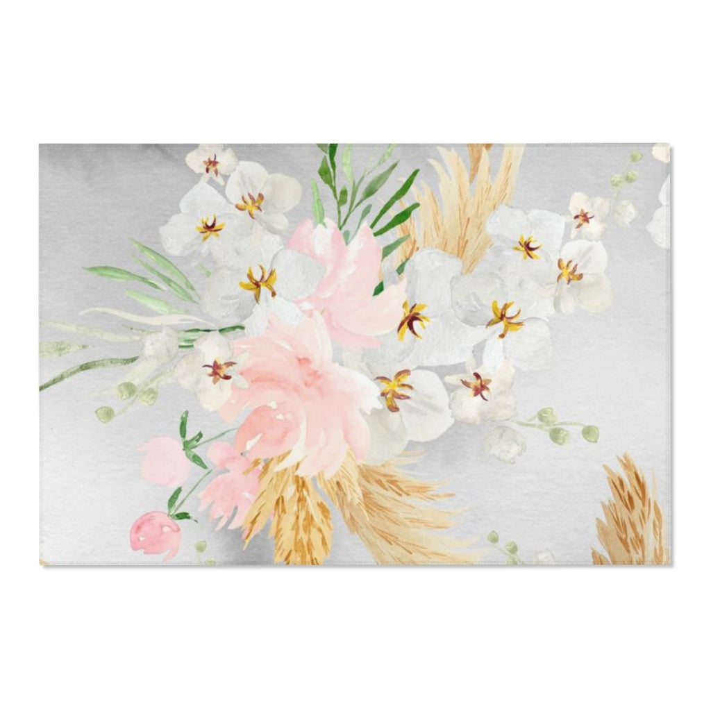 Floral Boho Area Rug | Gray White Orchids