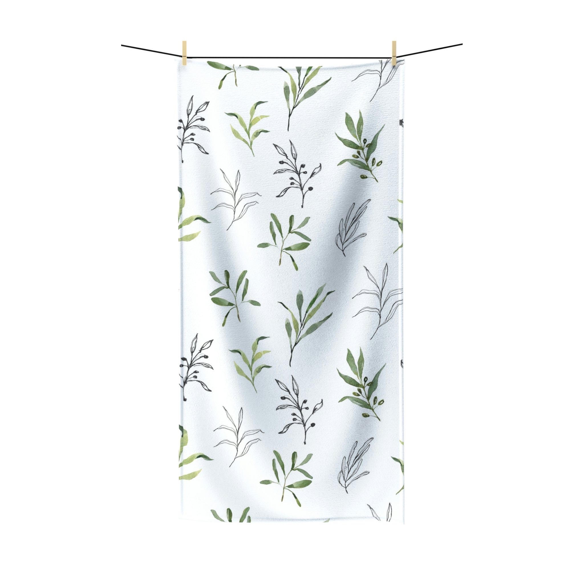 Boho Bath Towel | Sage Green Leaves, Black White Line Art