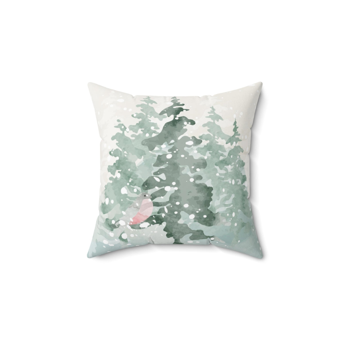 Christmas Square Pillow Cover | Green Watercolor Snowy Forest Trees