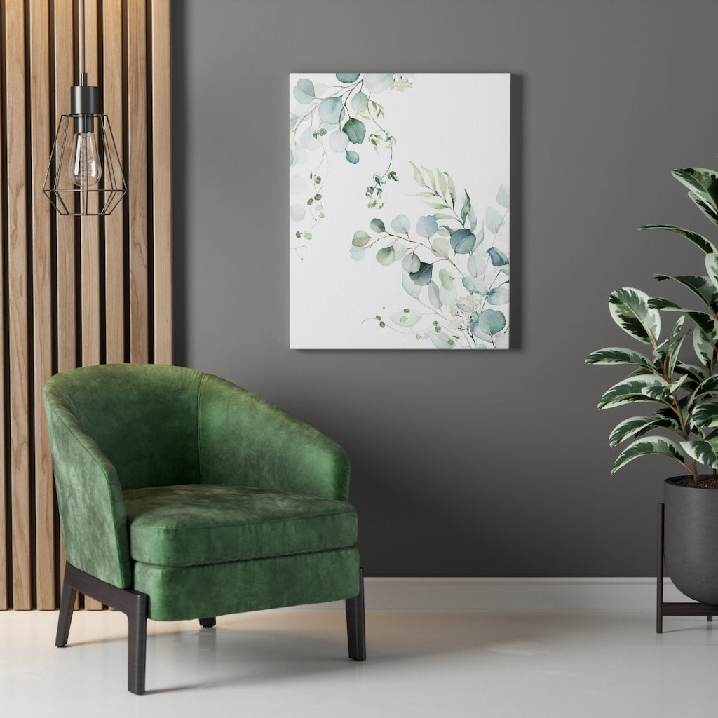 Floral Wall Canvas Art | White Green Eucalyptus Leaves