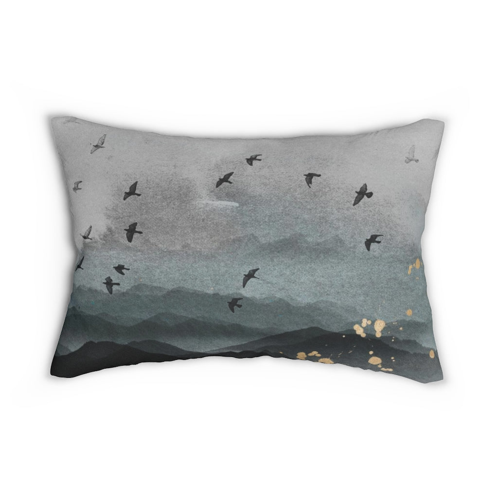 Abstract Boho Lumbar Pillow | Grey Indigo Blue Ombre Birds