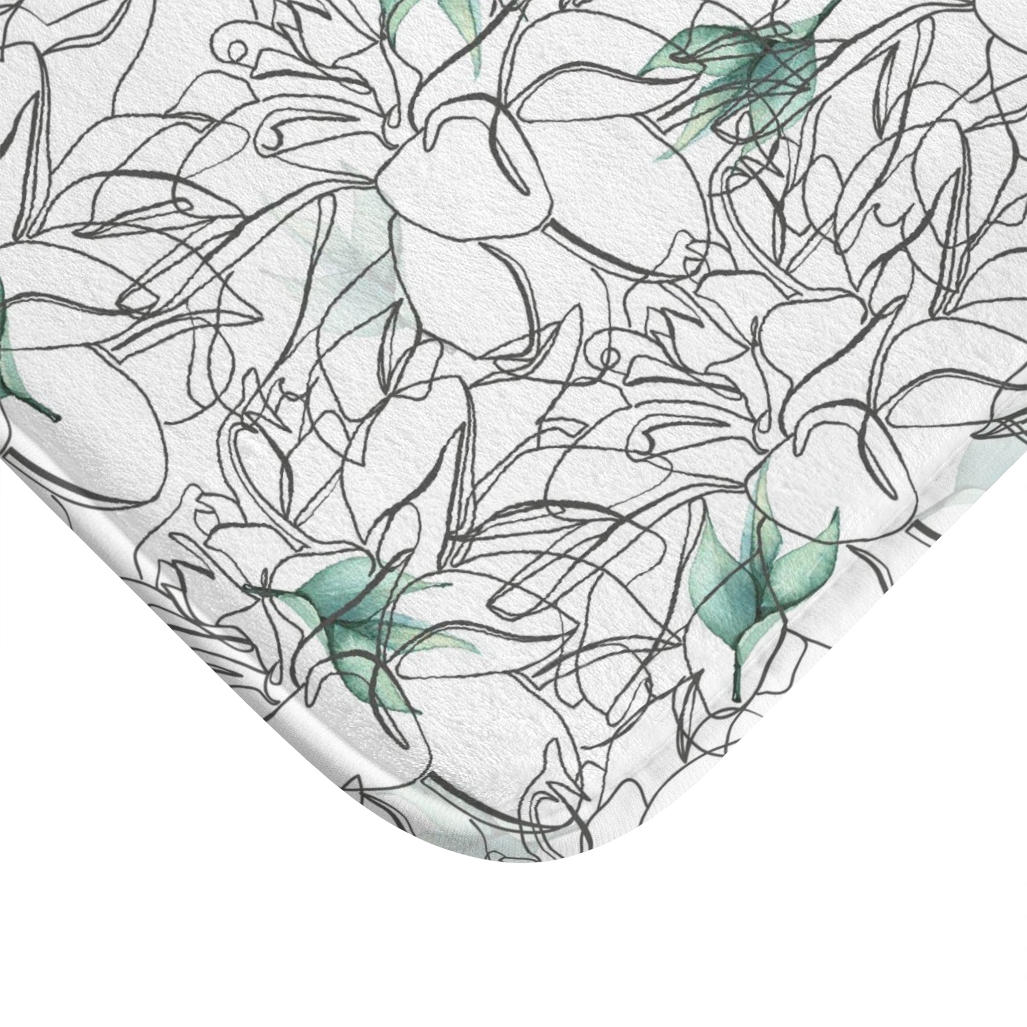 Floral Boho Bath, Kitchen Mat, Rug | Gray White, Line Art, Green