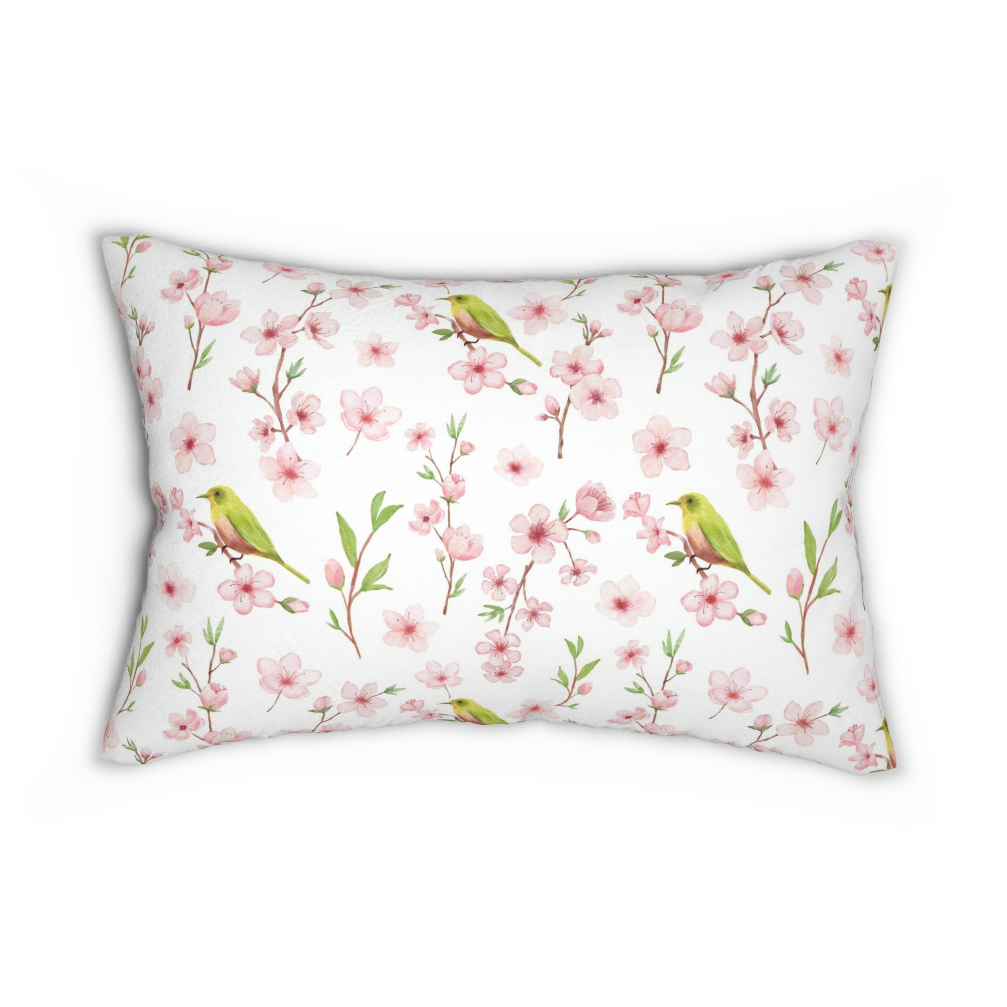 Sakura Lumbar Pillow | Pink Floral, Green Bird Watercolor