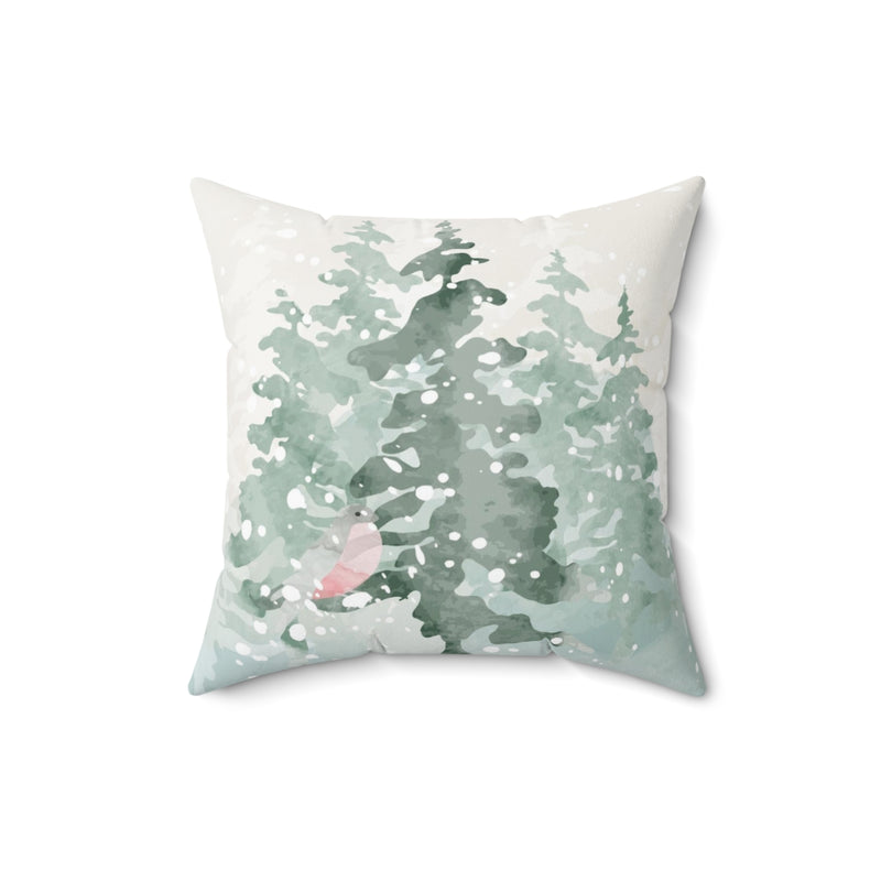 Christmas Square Pillow Cover | Green Watercolor Snowy Forest Trees