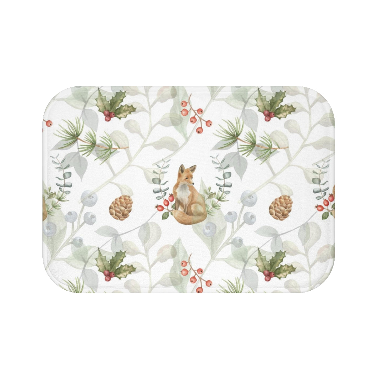 Christmas Bath Mat | White Green Mistletoe and Foxes