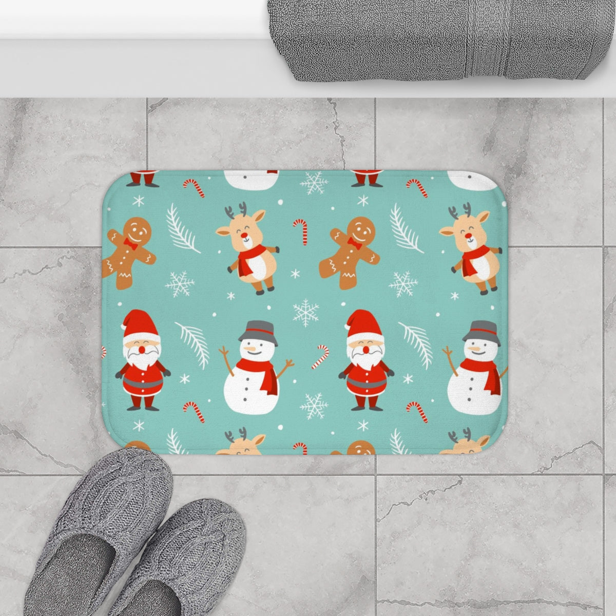 Christmas Bath Mat | Teal Green Santa Gingerbread