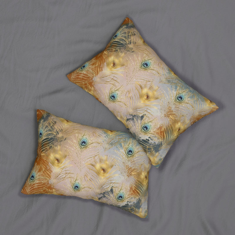 Abstract Boho Lumbar Pillow | Gold Beige Peacock Feather