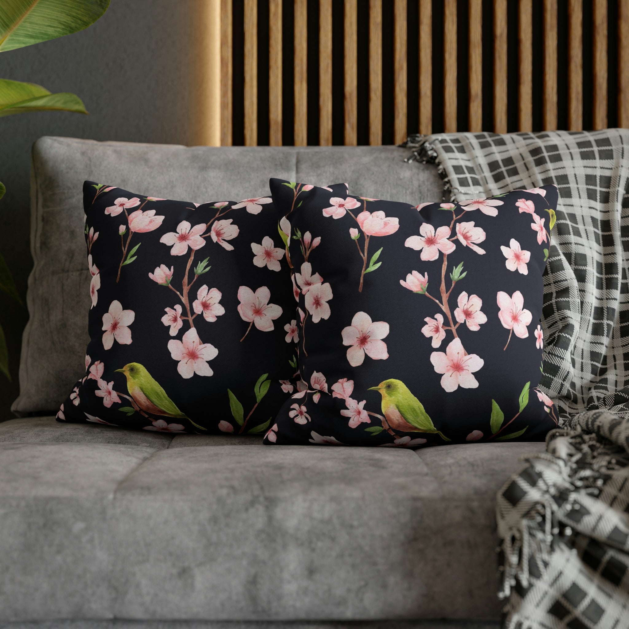 Floral Boho Pillow Cover | Pink Sakura, Green Bird, Black