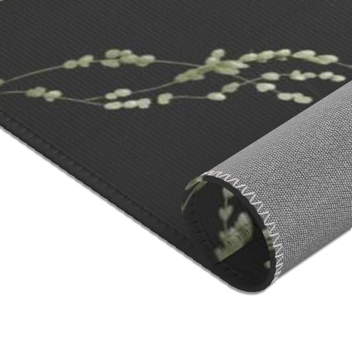 Floral Area Rug | Black Green Delicate Leaves