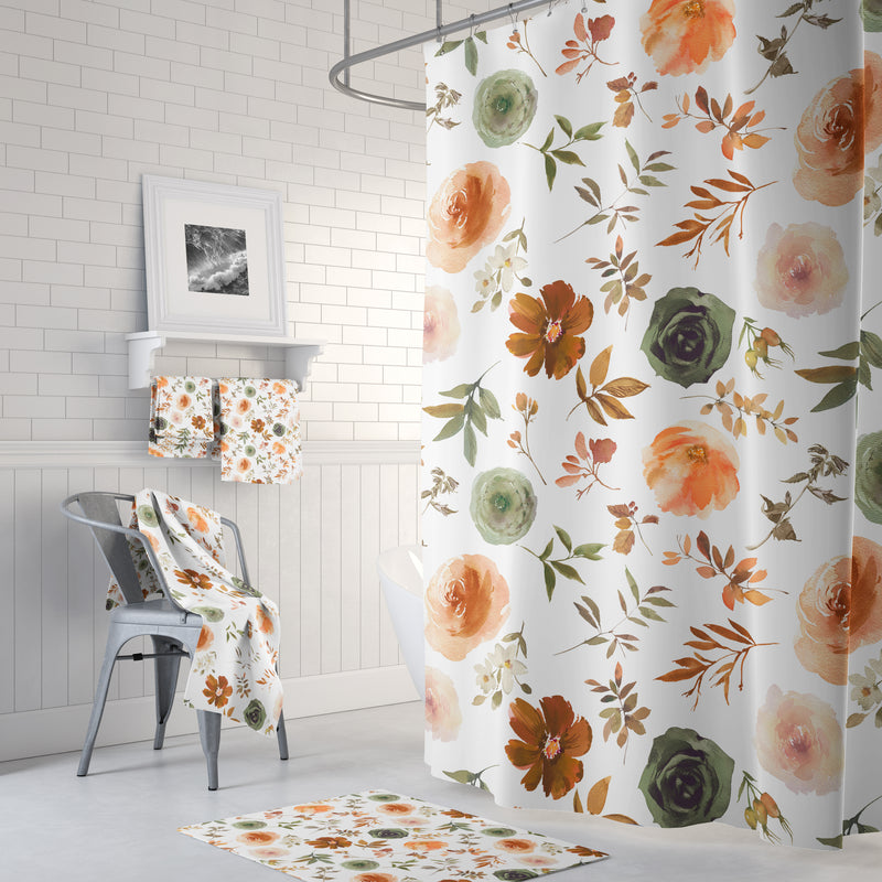 Boho Shower Curtain | Sage Green, Brown Beige White Flowers