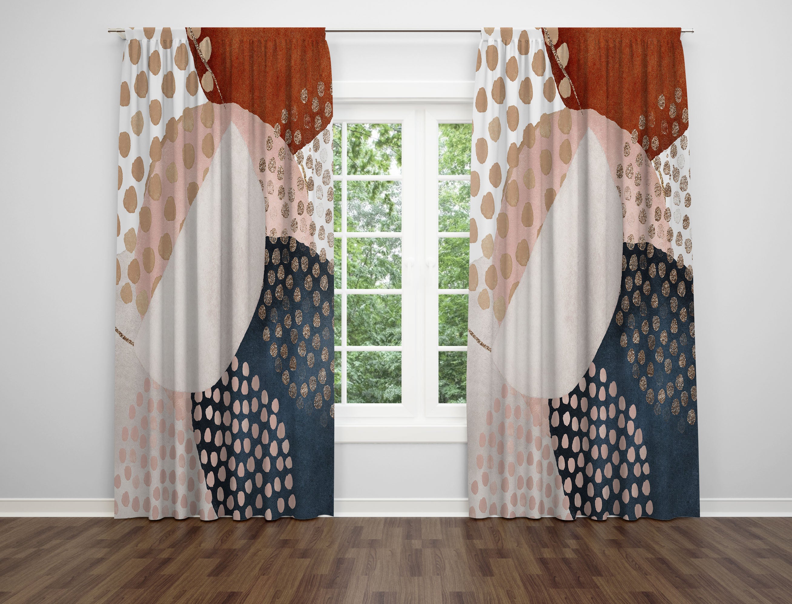 modern abstract, navy blue, rust unique window curtains